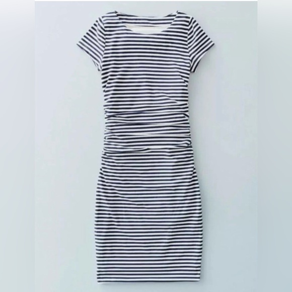 Boden Ruched Detail Striped Blue White Nautical Shirt Sleeve Dress Size 12 - Picture 2 of 7